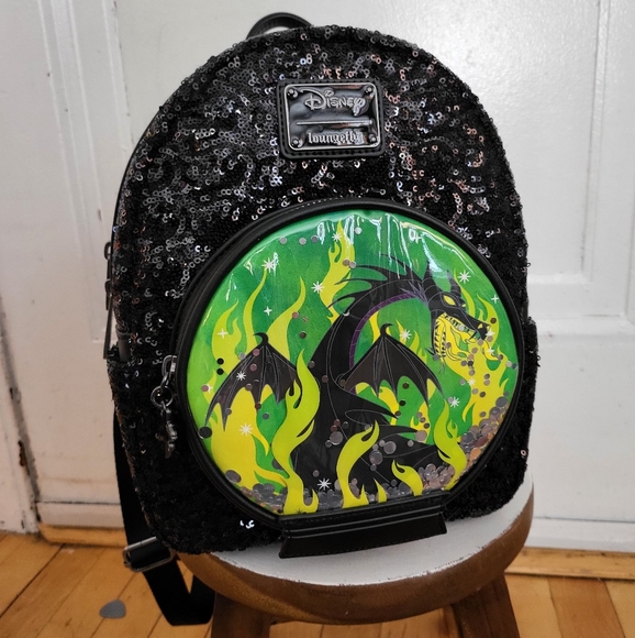 Loungefly Handbags - Loungefly Disney Sleeping Beauty Maleficent Snow Globe Sequin Mini Backpack